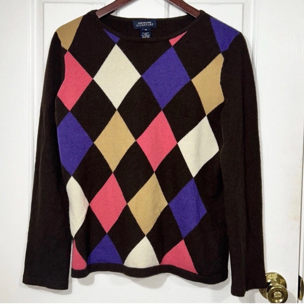 Jones New York Signature Argyle Cashmere Blend Sweater XL Colorful Preppy Knit